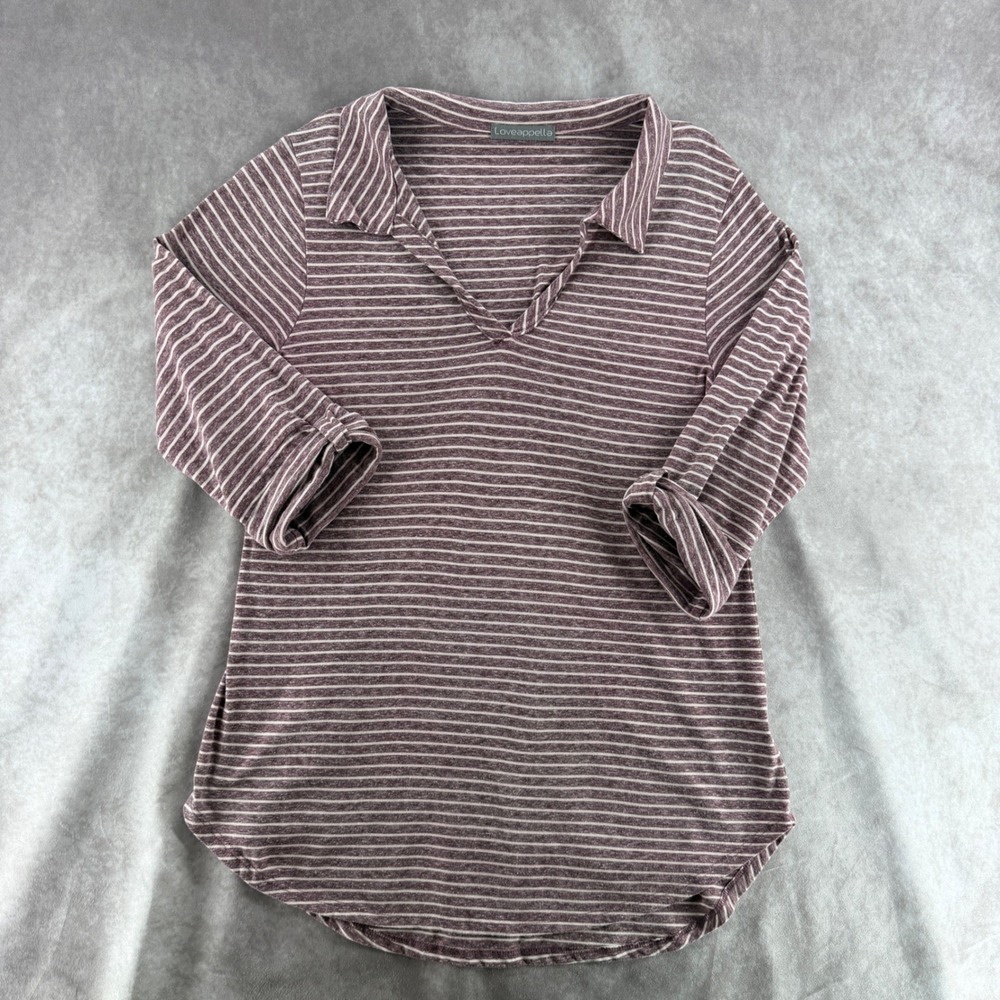 Loveappella Womens Mauve Striped V-Neck 3/4 Tab Sleeve Tunic Softcore Minimalist